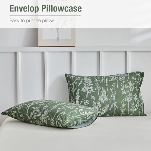 Image of Lekesky Floral Duvet Cover Queen Size, Army Green Queen Duvet Cover with Plant Flowers Pattern,Soft Microfiber Breathable Bedding Set with Zipper & Corner Ties for All Season