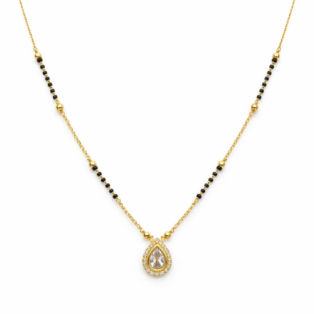 Mangalsutra Necklace Brass Alloy Black Beads Cubic Zirconia Teardrop Pendant Gold Plated Chain Women Elegant Traditional Everyday Wear Modern Office Lightweight Stylish Jewellery Gift-image-19