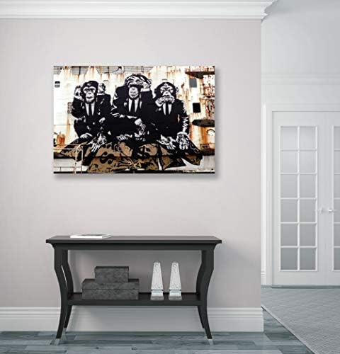BANKSY 3 WISE MONKEYS CANVAS WALL GRAFFITI ART PRINT ARTWORK FRAMED (24in x 16in / 60cm x 40cm)