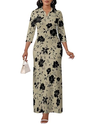 Image of PinkPatty Women's Casual 3 /4 Sleeve Polo V Neck Bodycon Maxi Dress | Semi formal, modest style, long fitted, versatile for church, work, business, office and daily wear