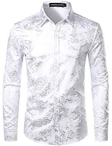 PARKLEES Camicia da uomo di lusso Paisley oro lucido stampato elegante slim fit button down, Bianco argento, M