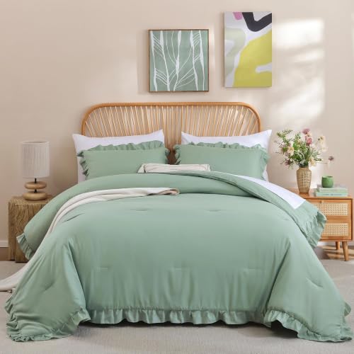 Image of JANZAA Sage Green Comforter Set Queen - Soft Microfiber, Lightweight All Season Bedding, Ruffle Shabby Chic Aesthetic, Breathable Cozy Bed Set with 2 Pillow Shams, Machine Washable