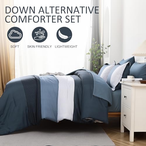 Juego de ropa de cama azul marino Queen de 7 piezas para evitar arrugas 8