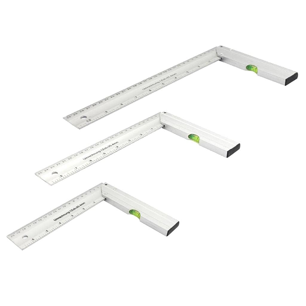 Carpenter Try Square In-Build Spirit Level, Aluminium, Metric and Imperial Measuring Ruler (6/8/10" inch 3Pcs)