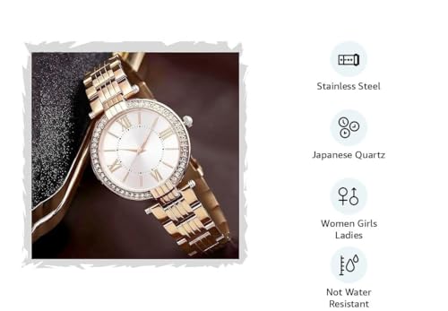 Image of EVRGLOW Analogue Wrist Watches for Women's & Girls&Miss&Ladies Luxury Blue Dial with Roman Marker in Diamond Studded Round case with Rose Gold brecelet Strap Stylish Quartz Watches