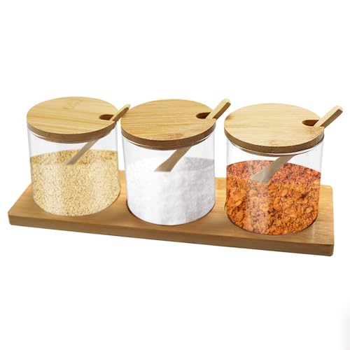 ICEBLUEOR 3PCS 300ml/10 Oz Glass Spice Jars, Cute Sugar Pot Salt Pot with Bamboo Lids and Spoons for Kitchen, Condiment Storage Jars with Wooden Base, Seasoning Jars for Salt Sugar Pepper Coffee etc
