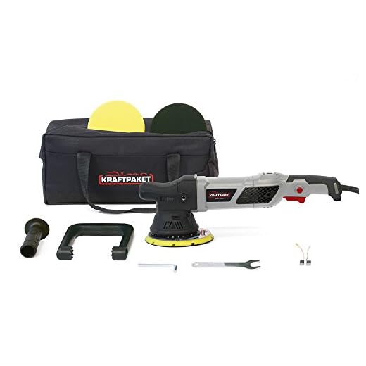 Dino KRAFTPAKET 21mm-950W Exzenter Poliermaschine 12-Stufig mit LCD-Display und Memory-Funktion im Set mit Polierschwamm Polierteller Tasche für Auto KFZ Boot XXL-HUB