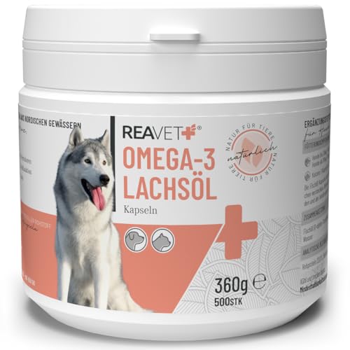 ReaVET Lachsöl Kapseln Hund 500 Stück, Omega 3 Öl Hund I Lachsöl Kapseln Hunde I Hochdosiertes Fischöl in Lebensmittelqualität