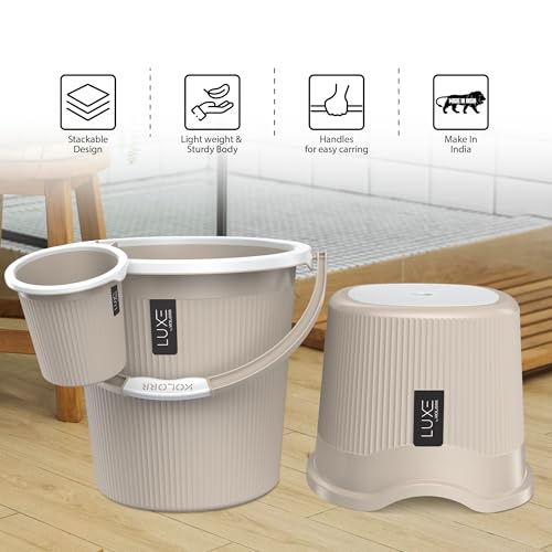 Image of KOLORR Luxe Bathroom Set (Bucket 18L x 2) + (Mug 1.5L x 2) + (Luxe Patla x 1)|Sturdy and Durable |Lightweight| Easy to Clean and Attractive Design|Pack of 5|Sand Stone