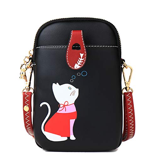 Small Crossbody Bag for Women Leather Lightweight Cute Cat Cell Phone Purse with Crossbody Strap