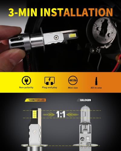 Image of Termitor Upgraded H๐ฃ Bulbs, 90,000LM 6500K White White Super Bright, 1:1 Halogen Size, 6500K Cool White, No Adapter Required, Easy Install Non-Polarity H1 H1LL Off Road Lights, Pack of 2