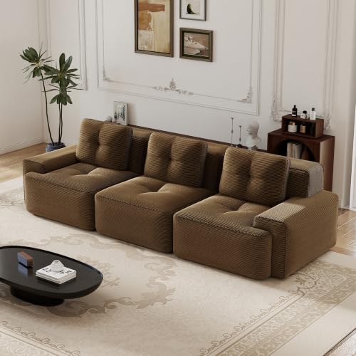 Image of 117 inch Oversized 3 Seater Modular Boneless Couch, Durable Corduroy Fabric, Deep Seat Cloud sectional Sofa with Buckle Connection and Tufted Detail, No Assembly, Anti Slip, Brown