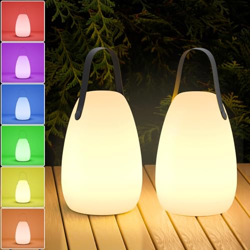 FUYO 2er Set LED Outdoor Lampe, Tragbare Kabellos Tischlampe Dimmbare LED Akku Tischleuchte mit Mehrfarbiges Wiederaufladbare Gartenlampe perfekt für Außen BBQ Garten Bar Terrasse (Glatt)