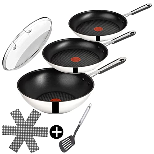 Tefal E30 Jamie Oliver Pfannenset Induktion 6 tlg -SET12- hohe Wok mit Deckel 28 cm, Pfanne 28 cm + 24cm, Edelstahl rostfrei, Wokpfanne Spülmaschinenfest, Antihaft-beschichtet, Silber