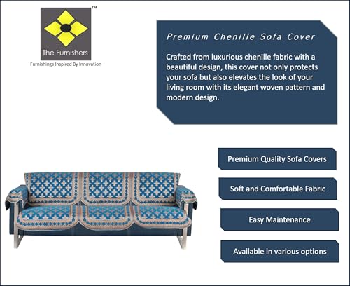 Image of Premium Chenille Woven Anti-Slip 3 Seater Sofa Cover with Arm Rest | L-Shape Sofa Seat Protector for Living Room | Durable & Stylish Slipcover - Turquoise - Floral