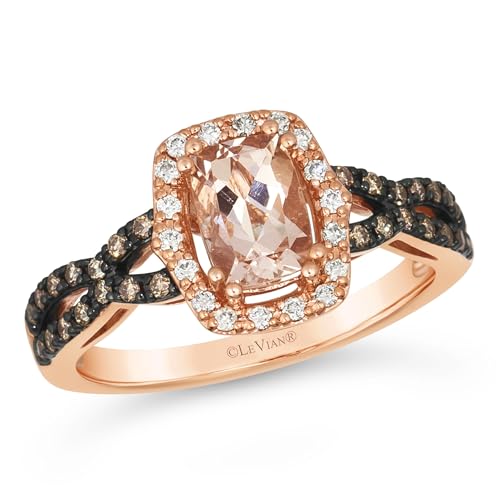 LE VIAN 1/4 Carat White and Chocolate Diamond Halo Ring for Women with 2/3 Carat Cushion Cut Champagne Morganite | 14k Rose Gold Ring for Her (White, Brown, 0.27 cttw) Promise Wedding Band Size 63