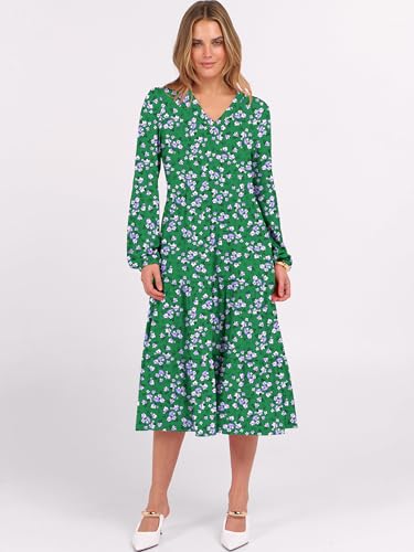 Image of ANRABESS Women's Long Lantern Sleeve Floral Midi Dresses 2026 Fall V Neck Casual Flowy A-line Tiered Boho Vacation Dress