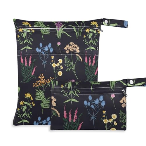 susiyo 2 Pcs Wet Dry Bag Colorful Forest Herbs Waterproof Reusable Baby Cloth Diaper Wet Bags with 2 Zipper Pockets for Breast Pump Parts Travel Beach Pool Gym Yoga Swimsuits Wet Clothes