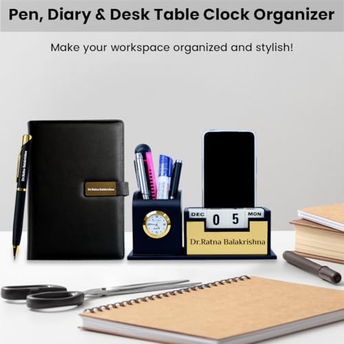 Image of Giftana Personalized Desk Organizer with Notebook Diary Pen with Name, Customized Employee Welcome Kit, Personalised Gift for Doctors, 3 in 1 Customised Diwali Corporate Gift Set for Employee (Black,Golden)