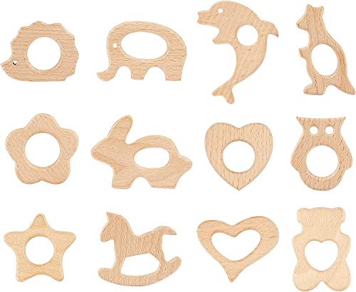 Mordedor de Animales de Madera, Victse 12 Piezas Juguete de Dentición, Natural Forma Linda Anillo de Dentición de Madera Sonajero para Recién Nacidos Cover