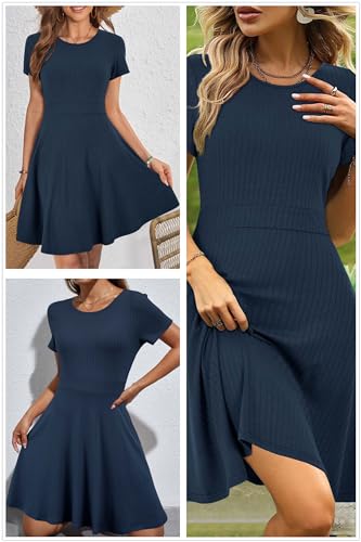 Image of Newshows Womens 2025 Summer Dresses Short Sleeve Ribbed Knit A-Line Swing Beach Vacation Outfits Casual Sundress with Pockets
