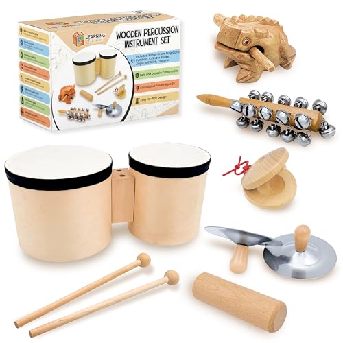 Toddler Drum Set & Musical Instruments for Toddlers Montessori Wooden Percussion Instrument Set with Bongo Drum Jingle Bells Cymbals Castanet & Guiro | Ages 3+