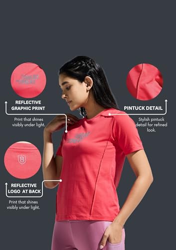 Image of Women's Soft Feel Round Neck Basic Moisture Wicking T-Shirt with Reflective Print | Super Stretchable T-Shirt for Girls | Women Light Weight Tshirt | Yoga Tshirt for Women