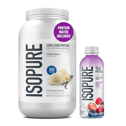 Image of Isopure Zero Carb 100% Pure Whey Isolate Vanilla Protein Powder 3 Lbs + 1 Bottle of Clear Protein Water with Electrolytes, 15g Whey Protein Isolate, Zero Sugar, Mixed Berry, 20 fl oz Bottle