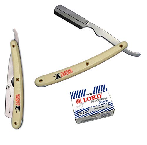 Classic Samurai Stainless Steel Professional Barber Folding Straight Edge Razor Shavette Men's Shaving Kit with 100 Count Lord Platinum Single Edge Razor Blades (Cream)