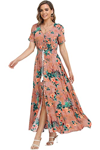 Image of VintageClothing Women's Floral Maxi Dresses Boho Button Up Split Summer Casual Long Dress Beach Party Dress