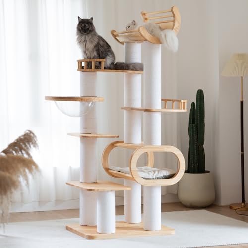 Image of 74.8 inch Modern Cat Tree for Indoor Cats, Tall Wood Cat Tower with Scratching Post, Heavy Duty Luxury Condo with Removable Mats, Multi-Level Cat Furniture for Cats