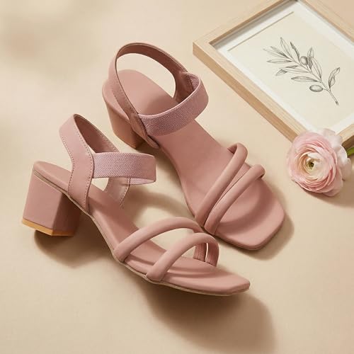 Image of SKOLL Women's Low Block Heel Strappy Sandals, Comfort Elastic Ankle Strap Open Toe Heeled Sandals, Casual Dressy Walking Sandals with Dual Front Straps