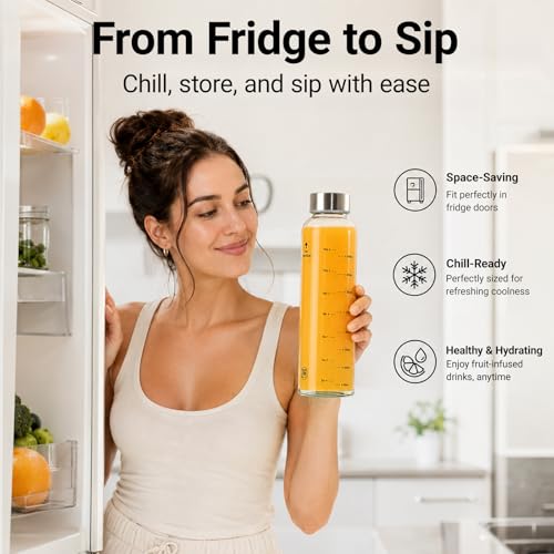 Image of Luxfuel Clear Glass Bottles with Lids, 18oz Glass Water Bottles for Juicing | Measurement Markings, 100% Leak Proof Stainless Steel Lid, Reusable for Smoothie, Refrigerator and Dishwasher Safe, Set of 6