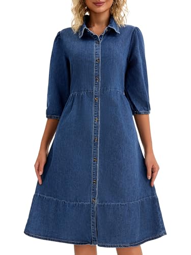 Women's Denim Dress Puff 3/4 Sleeve Button Up Collar A Line Swing Ruffle Tiered Midi Jean Dresses