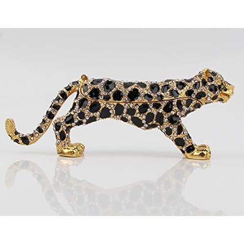 SEVENBEES 24K Golden 5.7in Leopard Jewelry Trinket Boxes Hinged with Crystal Element Design Leopard Figurine Collectible Cover