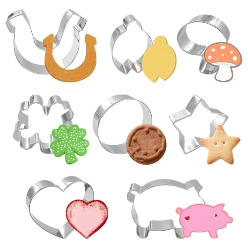 Lets Joy Moldes Galletas Año Nuevo, 8 Piezas Moldes Galletas Año Nuevo Inoxidable, Trébol Mariquita Cerdito Motivos, Cortador de Pastel de Galletas para Decorar Torta Galleta 3D