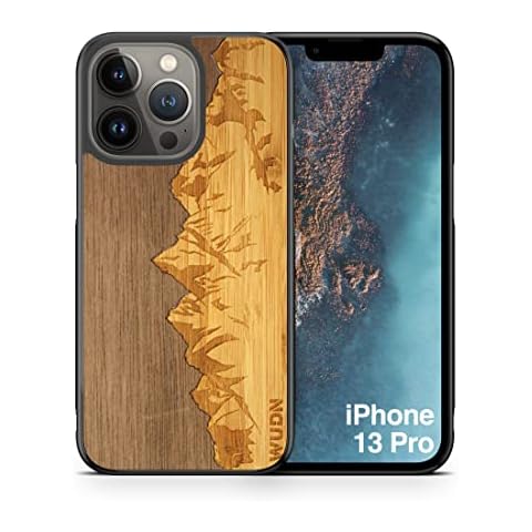 WUDN Wooden Phone Case, Laser Engraved (Sawtooth Mountains | Walnut Sky) Compatible with iPhone 13 Pro Cover