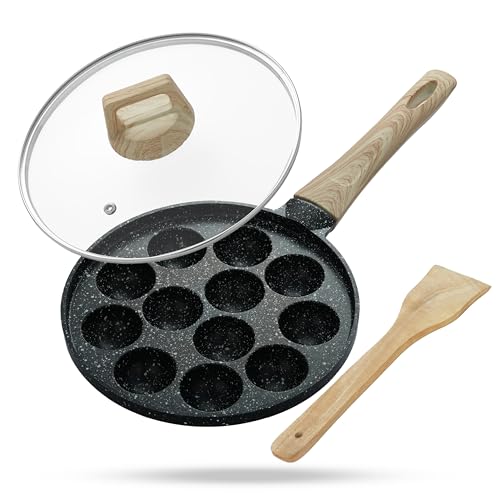 Image of Lifelong Diecast Aluminum Paniyaram Pan | 12 Pits, 1.5kg | 0.54L | 25cm Diameter |Pan with Glass Lid & Wooden-Finish Handle | For Cupcakes, Appe & Paniyaram |Durable for Easy Cooking & Cleaning, Black