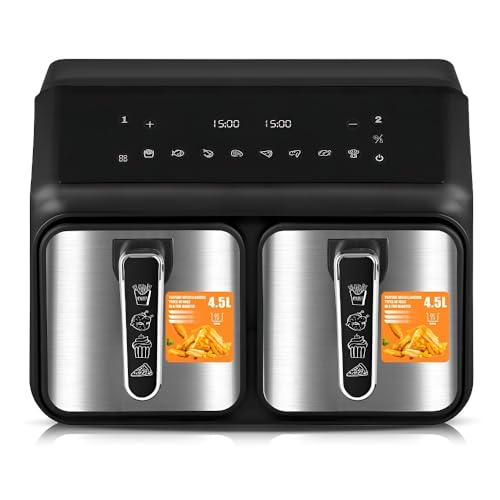 Freidora De Aire De Doble Cesta Con 2 Ollas Y Tapas, Gran Capacidad, Pantalla Táctil Inteligente, Cocción Sin Aceite, Horno Freidora De Aire Multifuncional