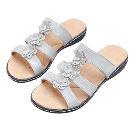 2025 women's floral decoration sliding into sandals, comfortable and elegant summer beach, daily slippers, comfortable arch support(Silver,5.5)