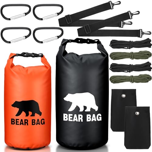 Foilswirl 2 Sets Bear Food Bag for Camping Food Hanging System Includes 2 Waterproof Bear Bag Pulley System 4 Nylon Ropes 4 Clips 2 Rock Pouch(Black Orange 20l 10l)