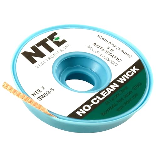 Image of NTE Electronics SW03-5 No-Clean Solder Wick with Anti-Static Bobbin, #3 Green, .075 inch Width, 5' Length