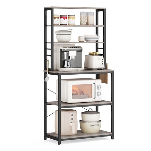 Image of VASAGLE Coffee Bar, 23.6 Inches Baker's Rack for Kitchen with Storage, 6-Tier Kitchen Shelves with 6 Hooks, Microwave Stand, Industrial, Heather Greige and Ink Black UKKS024B02