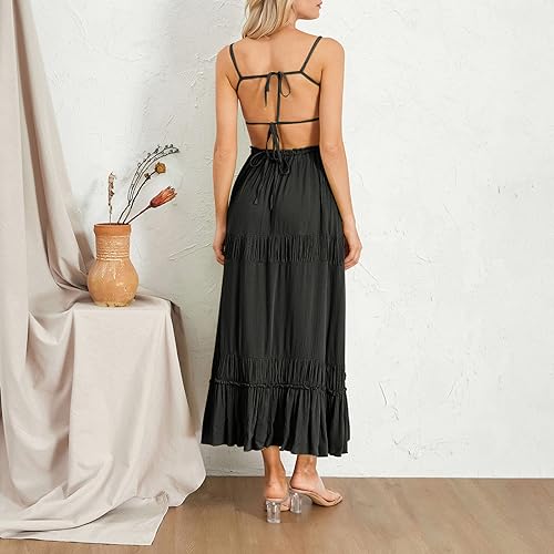 Image of Owl's-Yard Women Ruffle Spaghetti Strap Dress Sexy Backless Tiered Flowy Sundresses Boho Beach Long Dress Clubwear