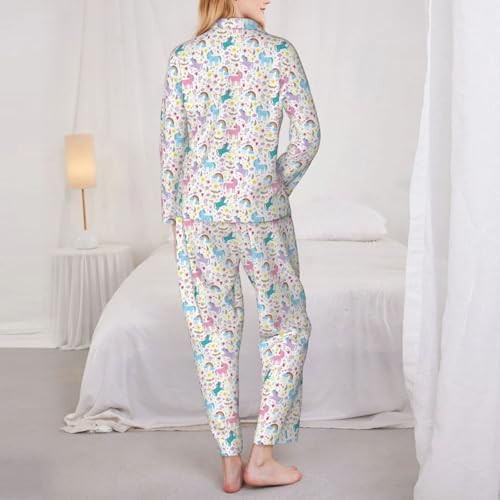 Pyjama licorne rose femme long 2 pièces décontracté