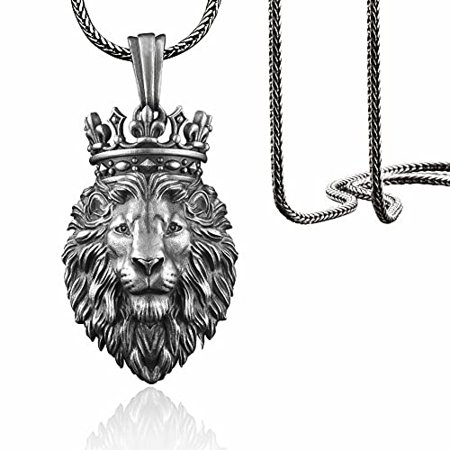 Wild Lion Silver Necklace by BySilverStone | Silver Lion King With Crown Necklace Wild Lion King Necklace Lion Pendant with Chain | Handcrafted 925K Sterling Silver