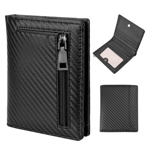Slim Bifold Wallet for Men with Zipper Coin Pocket, Leather RFID Blocking Pouch, Black Compact Minimalist Front Pocket Wallets for Men with ID Window and 7 Card Slots (Black)
