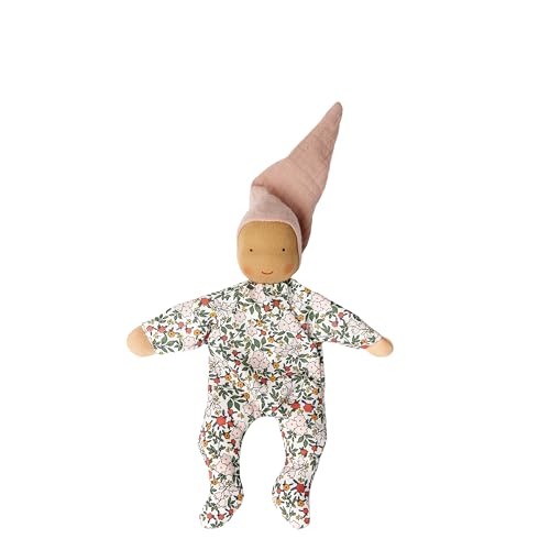 Käthe Kruse Schmusepuppe NINI Blümchen – Handgefertigte Waldorfpuppe mit Blumenprint Anzug und Rosa Zipfelmütze, 23 cm, Bio-Baumwolle, ab 0 Monate