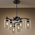 6-Light Modern Chandelier, Black Dining Room Light Fixture, Height Adjustable Pendant Lighting, Farmhouse Industrial Chandelier Hanging for Kitchen Island Living Room Foyer Hallway, Clear Glass Shade