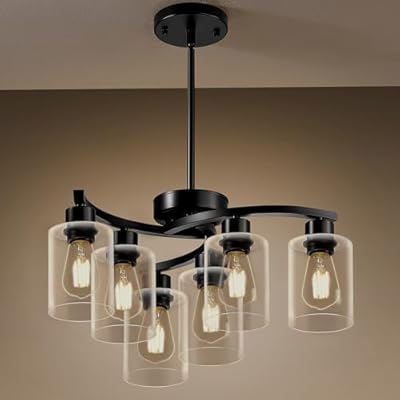 6-Light Modern Chandelier, Black Dining Room Light Fixture, Height Adjustable Pendant Lighting, Farmhouse Industrial Chandelier Hanging for Kitchen Island Living Room Foyer Hallway, Clear Glass Shade